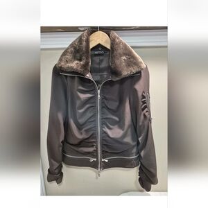 Elegant Dark Bomber Jacket with Fur Collar